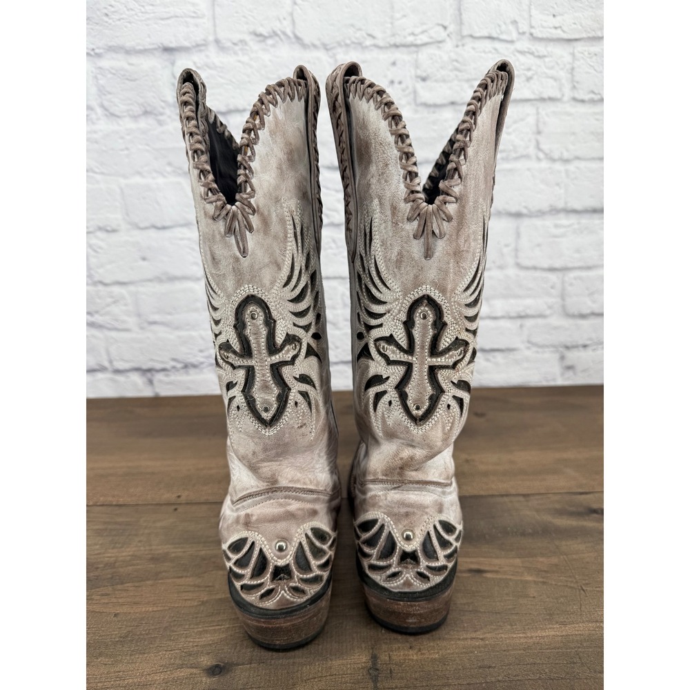 JB Dillon Buttercup Western Boots 8C Distressed Leather Cross Cutout Cowboy - Picture 4 of 15